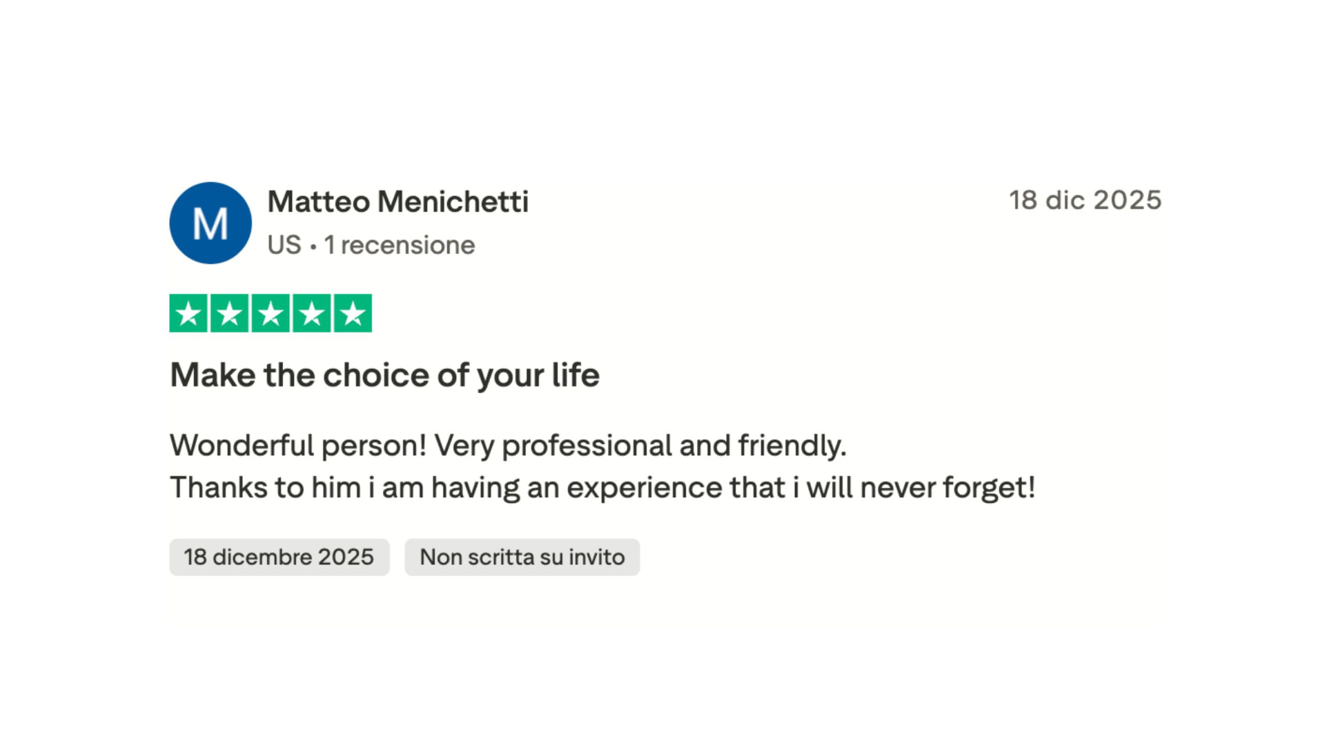 Trustpilot review by Matteo Menichetti